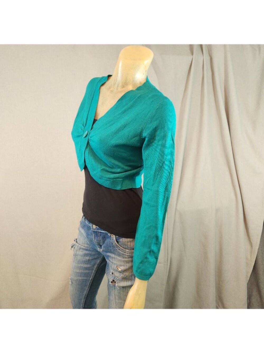 Petite Sophisticate Green SMALL Button Silk Blend Knit Shrug Sweater Womens USED - Picture 2 of 5